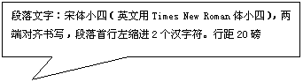 矩形标注: 段落文字：宋体小四（英文用Times New Roman体小四），两端对齐书写，段落首行左缩进2个汉字符。行距20磅
